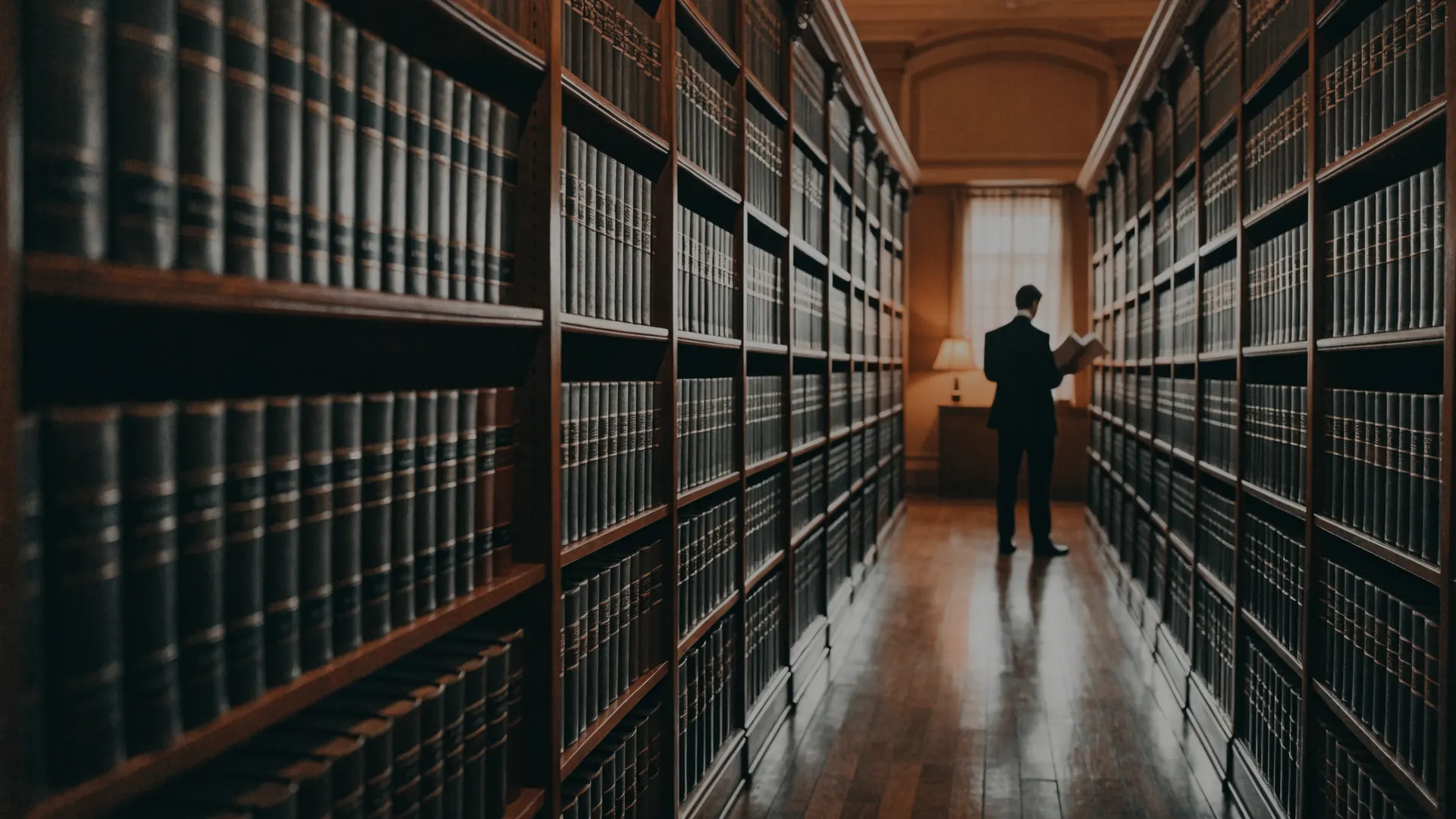 Biblioteca jurídica en perspectiva, con una persona de espaldas al fondo
