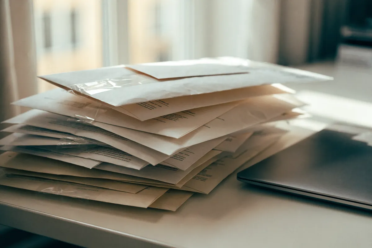 Sobres y notificaciones oficiales sin abrir, apilados sobre un escritorio